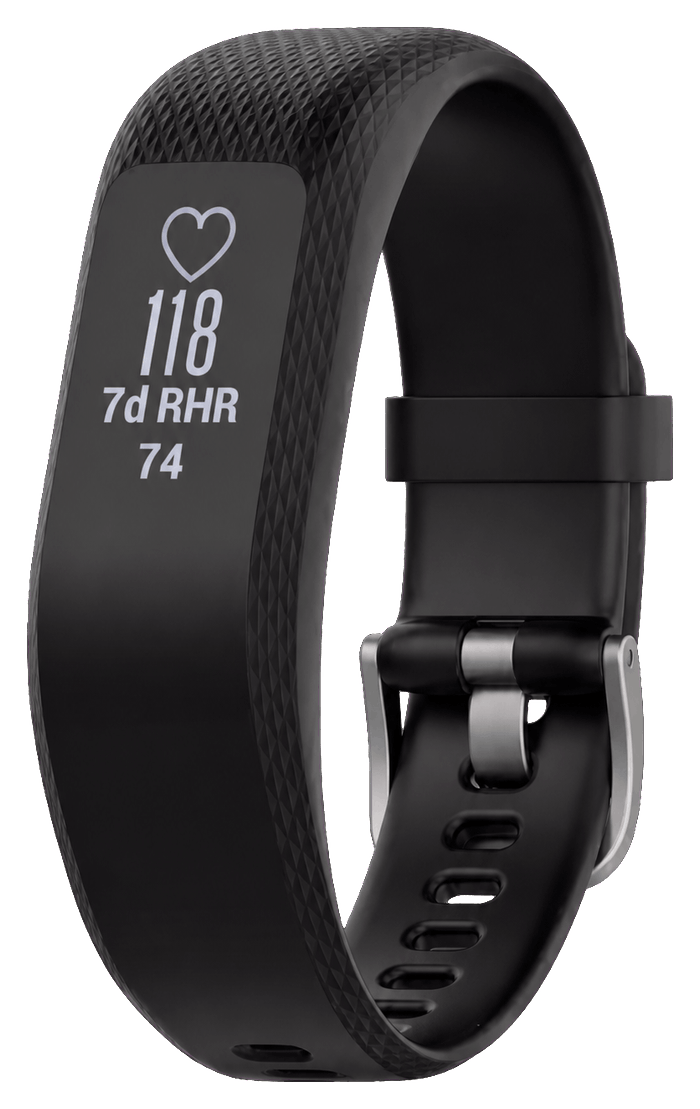 Black Garmin vívosmart 4 fitness band displaying heart rate